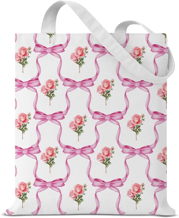 Coquette Bows Floral Canvas Tote Bag for Women Girls Pink Bows Roses Reusable Grocery Shoulder Bag for Shopping Work Travel