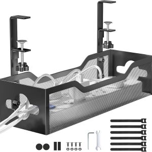 Under Desk Cable Management Tray No Drill, Metal Mesh Cable Management Under Desk with Clamp Mount, 2 Hole Cable Tray with Wire Management and Cord Organizer for Home Office Standing Desk