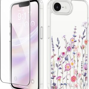 GVIEWIN for iPhone 16e Case with Screen Protector,[Non-Yellowing][Military-Grade Protection] Hard PC&TPU Bumper,Floral Shockproof Protective Clear Phone Case for iPhone 16E 2025(Floratopia/Colorful)