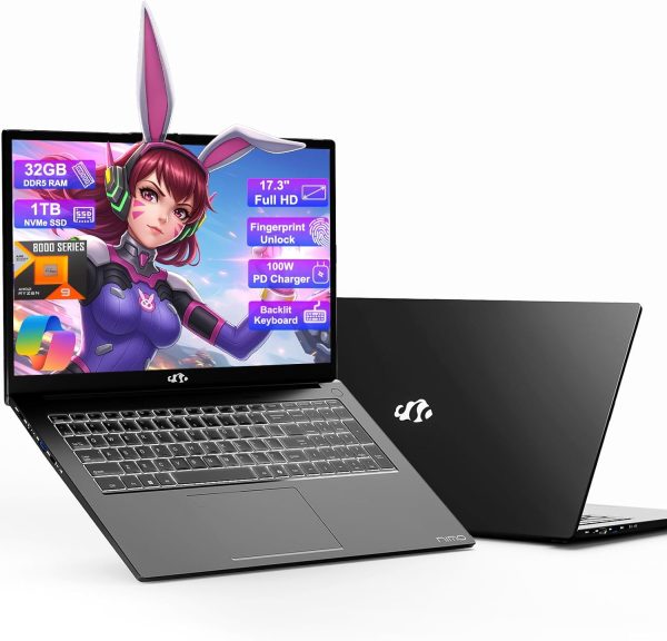 17.3” Gaming-Laptop, AI 9 8945HS (>i9-13900H), 32GB RAM 1TB SSD,USB-C 4.0 AI Copilot Ready, VR Support, 100W PD Fast Charge, Backlit Keyboard, Fingerprint Unlock, for Gaming/Student/Office/Business