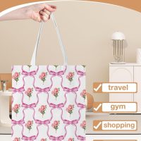 Coquette Bows Floral Canvas Tote Bag for Women Girls Pink Bows Roses Reusable Grocery Shoulder Bag for Shopping Work Travel - Image 4