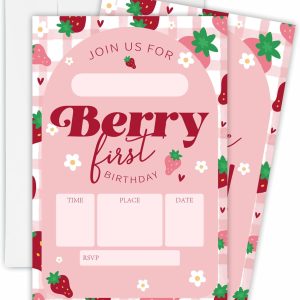 15 PCs Strawberry And Arch Birthday Invitation With 15 Matching White Envelopes For Boy Girl, 1St Birthday Party Favors Decorations Supplies-OL-A97