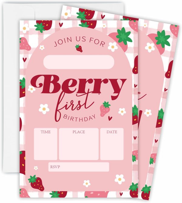 15 PCs Strawberry And Arch Birthday Invitation With 15 Matching White Envelopes For Boy Girl, 1St Birthday Party Favors Decorations Supplies-OL-A97