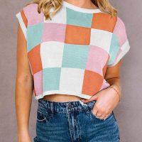 Saodimallsu Womens Cap Sleeve Crop Tops Summer Color Block Going Out Crew Neck Knit Trendy Casual Sweater - Image 5