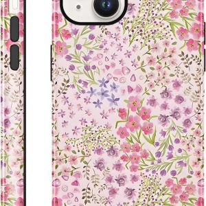 for iPhone 13/iPhone 14 6,1'' Case Floral, Cute Pink Flower Pattern Aesthetic Phone Case, Shockproof 2-in-1 Double Protective Cover for Women Girls, Exquisite Design Anti Scratch Stylish Case