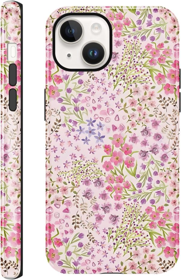 for iPhone 13/iPhone 14 6,1'' Case Floral, Cute Pink Flower Pattern Aesthetic Phone Case, Shockproof 2-in-1 Double Protective Cover for Women Girls, Exquisite Design Anti Scratch Stylish Case