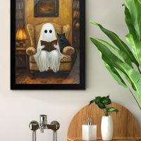 Spooky Ghost Cat Wall Art Poster Gothic Ghost Reading Desktop Print Picture Dark Academia Framed Painting for Home Reading Room Wall Table Shelf Decor 6x8 Inches - Image 2