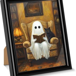 Spooky Ghost Cat Wall Art Poster Gothic Ghost Reading Desktop Print Picture Dark Academia Framed Painting for Home Reading Room Wall Table Shelf Decor 6x8 Inches