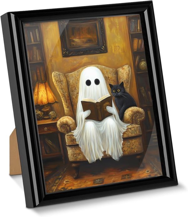 Spooky Ghost Cat Wall Art Poster Gothic Ghost Reading Desktop Print Picture Dark Academia Framed Painting for Home Reading Room Wall Table Shelf Decor 6x8 Inches