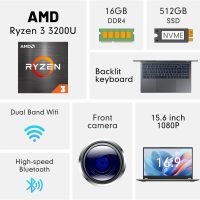 EYY 2 in 1 Laptop Computer, 15.6" 16GB DDR4 512GB SSD Touchscreen Notebook, AMD Ryzen R3 3200U(Up to 3.5 GHz), Radeon Vega 3, 1920x1080 FHD Display, Windows 11 Pro, Wifi, BT5.1 RJ45, Blacklit Keyboard - Image 2
