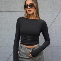 Trendy Queen Women's Boat Neck Tops Long Sleeve Shirts Casual Fitted Tee Shirts Solid Color Fall Basic Clothes - Image 2