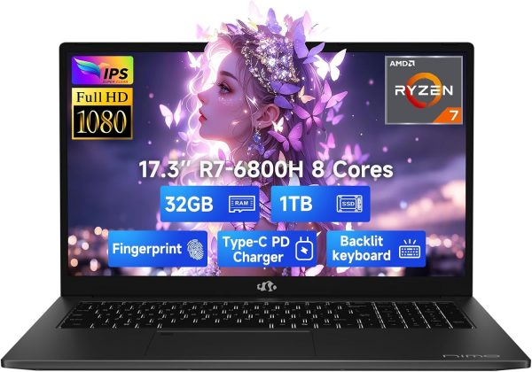 NIMO 17.3" IPS FHD-Gaming-Laptop, 8 Cores AMD Ryzen 7 6800H 32GB DDR5 RAM 1TB SSD (Beat i7-12700H, Up to 4.7GHz) AMD Radeon 680M GPU-Computer with 100W Type-C Backlit Keyboard, Fingerprint