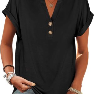 ANRABESS Womens Short Sleeve Henley Tops V Neck Dressy Casual Blouses Summer Trendy Tee Shirts 2025 Vacation Fashion Clothes