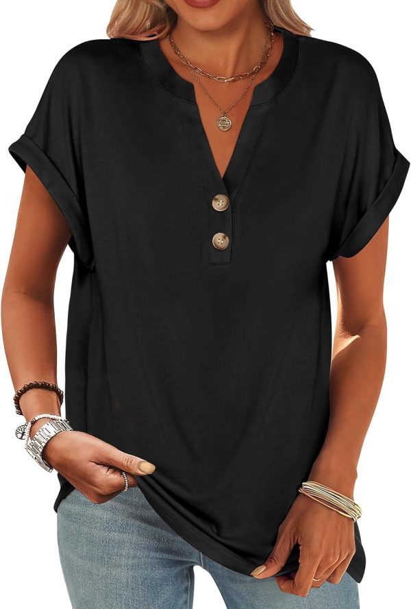 ANRABESS Womens Short Sleeve Henley Tops V Neck Dressy Casual Blouses Summer Trendy Tee Shirts 2025 Vacation Fashion Clothes