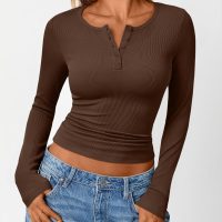 Trendy Queen Womens Long Sleeve Shirts 2025 Henley Casual Fall Outfits Fitted Cotton Tops Ribbed Fashion Cute Basic Tees - Image 2