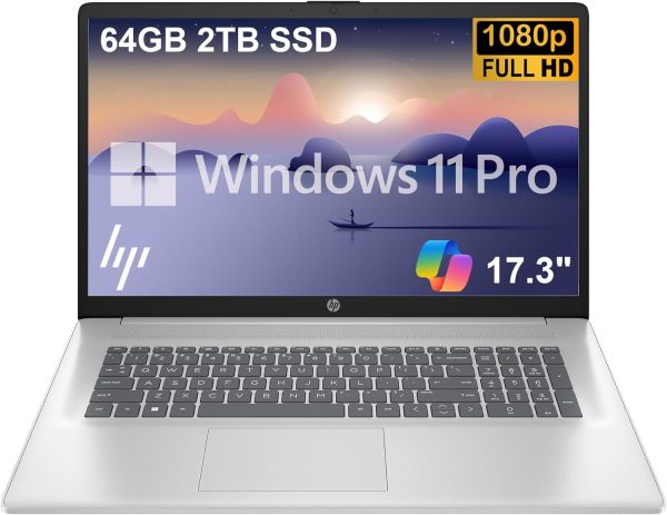 HP 17 Laptop (17.3" FHD Anti-Glare, 64GB RAM, 2TB SSD, AMD Ryzen 5 7430U (> Intel i5-1334U)), Webcam, Long Battery Life, Fast Charge, Numeric Pad, HDMI, Win 11 Pro w/AI Copilot, Business & Student