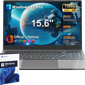 2025 Laptop Computer 15 15.6 Inch FHD, Windows 11 Pro with MS Office for School College Students Business, 8GB RAM, 256GB SSD, Dual-Core Intel Celeron(Up to 2.6GHz), Wi-Fi, Bluetooth, USB 3.2, Gray