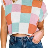 Saodimallsu Womens Cap Sleeve Crop Tops Summer Color Block Going Out Crew Neck Knit Trendy Casual Sweater - Image 2