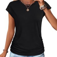 SAMPEEL Womens Summer Tops Trendy 2025 Ruched Cap Short Sleeve Tshirts Shirts Crew Neck T Shirts Fashion - Image 2