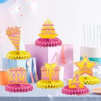 4th Birthday Decorations Set, 2021 Table Toppers for Girls Birthday Party Supplies, Happy 4 Year Old Table Decoration for Daughter, 9Pcs Pink & Gold Honeycomb Centerpieces - Image 3