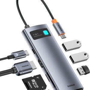 Baseus USB C to HDMI Adapter, 4K@60Hz USB C Docking Station, 7 in 1 USB C Hub with 3 USB-A, PD 100W, TF/SD Card Reader, Compatible for iPhone 15/Mac/Dell/Acer/HP/ASUS/Steam Deck/Rog Ally