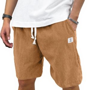 PLEPAN Mens Corduroy Shorts Casual 7 Inch Inseam Elastic Waist Drawstring Summer Beach Short
