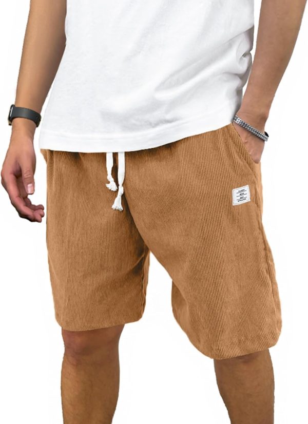 PLEPAN Mens Corduroy Shorts Casual 7 Inch Inseam Elastic Waist Drawstring Summer Beach Short