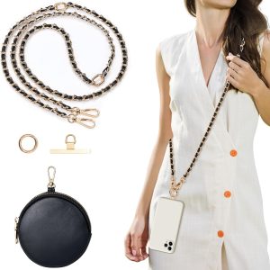 Clip and Go Phone Strap Crossbody with RFID Leather Wallet, Trendy Hands-Free Crossbody Cell Phone Lanyard Chain with Coin Purse for Women, Neck Chain for iPhone and Smartphone, Black Gold