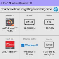 HP 27 inch All-in-One Desktop PC, FHD Display, AMD Ryzen 7 7730U, 32 GB RAM, 1 TB SSD, AMD Radeon Graphics, Windows 11 Home, 27-cr0012 (2024) - Image 2