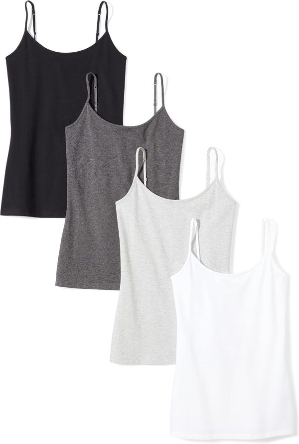 Amazon Essentials Women's Slim-Fit Camisole, Pack of 4, Black/Charcoal Heather/Light Grey Heather/White, Medium