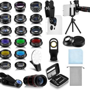 Phone Camera Lens Kit 21 in 1 with Selfie Light Universal 18x Telephoto Lens with Tripod 0.63x Wide Angle 15x Macro 198° Fisheye 2X Telephoto Cpl Compatible with Most Smartphone
