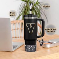 Mity rain 6PCS Cup Accessories Set for Stanley Cup 30oz 40oz tumbler with handle, Black Accessories Including Straw Topper, Boot, Spill Proof Stopper, Handle Charm, Initials Sticker(Letter V) - Image 5