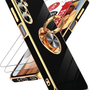 LeYi for Galaxy A16-5G Phone Case: 2 Pack Tempered Glass Screen Protector and 360° Rotatable Ring Holder Magnetic Kickstand, Plating Rose Gold Edge para Samsung A 16 5G, Black