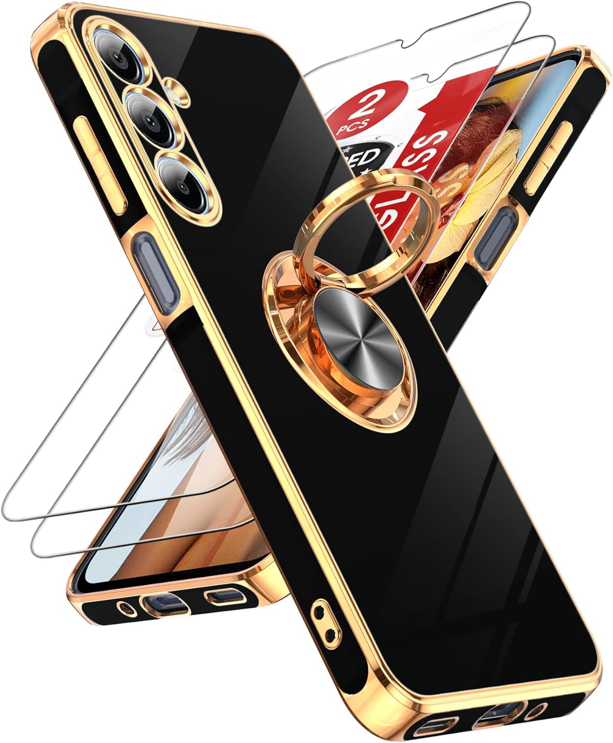 LeYi for Galaxy A16-5G Phone Case: 2 Pack Tempered Glass Screen Protector and 360° Rotatable Ring Holder Magnetic Kickstand, Plating Rose Gold Edge para Samsung A 16 5G, Black