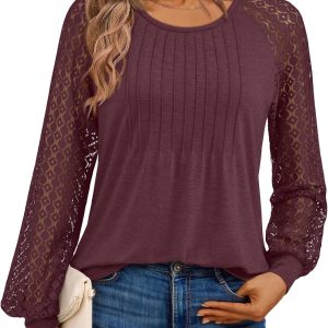 AUTOMET Womens Long Sleeve Shirts Business Casual Dressy Tops Lace Crewneck Work Trendy Fall Fashion Outfits Clothes