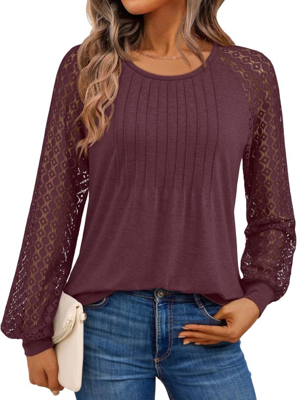 AUTOMET Womens Long Sleeve Shirts Business Casual Dressy Tops Lace Crewneck Work Trendy Fall Fashion Outfits Clothes
