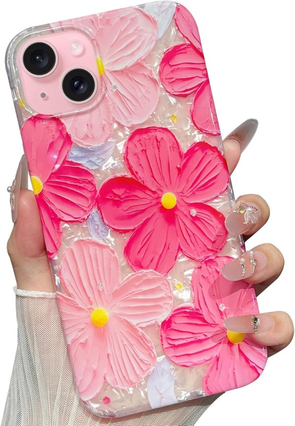 for iPhone 15 Plus Case Flowers Women Girly Aesthetic Sparkle Translucent Cute Floral With Phone Strap Charms Wristlet Oil Painting Shockproof Protective Phone Cases for iPhone 15 Plus Hot Pink