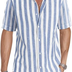 JMIERR Men's Casual Stylish Short Sleeve Button-Up Striped Dress Shirts Cotton Beach Shirt
