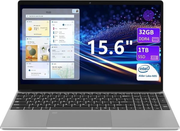 15.6 Inch Laptop Computer, 32GB RAM Gaming Laptops with 1TB NVMe SSD, N95 4-Core Processor(Up to 3.4GHz), Backlight Keyboard, Fingerprint Reader, 8000mAh Battery, Win11 Pro, Silver
