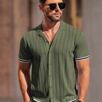 COOFANDY Men's Short Sleeve Knit Shirt Casual Button Down Shirt Vintage Striped Knitted Golf Beach Tops - Image 7