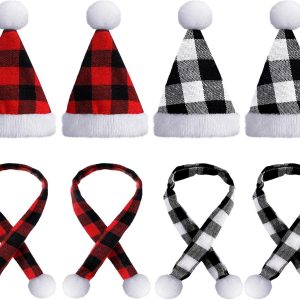 Bencailor 8 Pcs Mini Santa Hats for Crafts Small Christmas Wine Bottle Santa Hats Scarfs Tiny Snowman Hat for Xmas Ornaments Party (Red,Black,White)