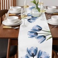 Table Runner Blue Tulip Abstract Flower White Background Table Runners Kitchen Dining Table Decoration for Home Farmhouse Party Decor 13"x72" - Image 2