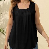 Saloogoe Summer Tank Tops for Women Loose Fit Pleated Square Neck Sleeveless Tops Curved Hem Flowy - Image 5