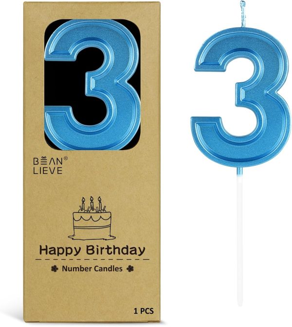 BEAN LIEVE Blue Birthday Candles Number 3, Blue Number Candles, Cake Number Candles for Birthday Parties and Wedding Anniversary Celebrations