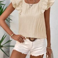 Womens Bow Tie Back Tops Round Neck Ruffle Short Sleeve Shirts Cute Babydoll Chiffon Tee Women Summer Trendy Tunic - Image 4