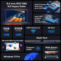 15.6 inch Win11 Laptop Computer, 1920x1080 IPS Screen, 12GB DDR5 RAM / 512GB SSD, N95(Beats N5095) Processor Notebook PC, Support Fingerprint, WiFi 5, BT, Full Size Keyboard - Image 2
