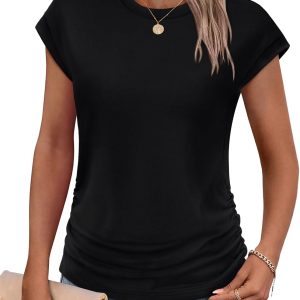 SAMPEEL Womens Summer Tops Trendy 2025 Ruched Cap Short Sleeve Tshirts Shirts Crew Neck T Shirts Fashion