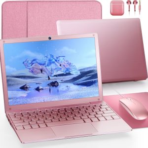 Laptop Computer, Windows 11 Laptop, 8GB+128GB, Intel Celeron Dual core Processors, 10" Laptops, Bluetooth WiFi Webcam HDMI, and Laptop Bag,Mouse, Mouse Pad, Headphone（Rose Gold）