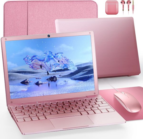Laptop Computer, Windows 11 Laptop, 8GB+128GB, Intel Celeron Dual core Processors, 10" Laptops, Bluetooth WiFi Webcam HDMI, and Laptop Bag,Mouse, Mouse Pad, Headphone（Rose Gold）