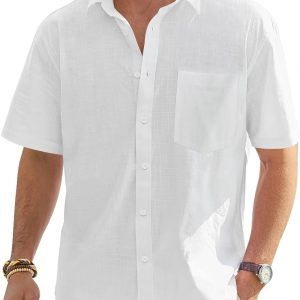 J.VER Men's Cotton Linen Short Sleeve Shirts Casual Lightweight Button Down Shirts Vacation Beach Summer Tops with Pocket